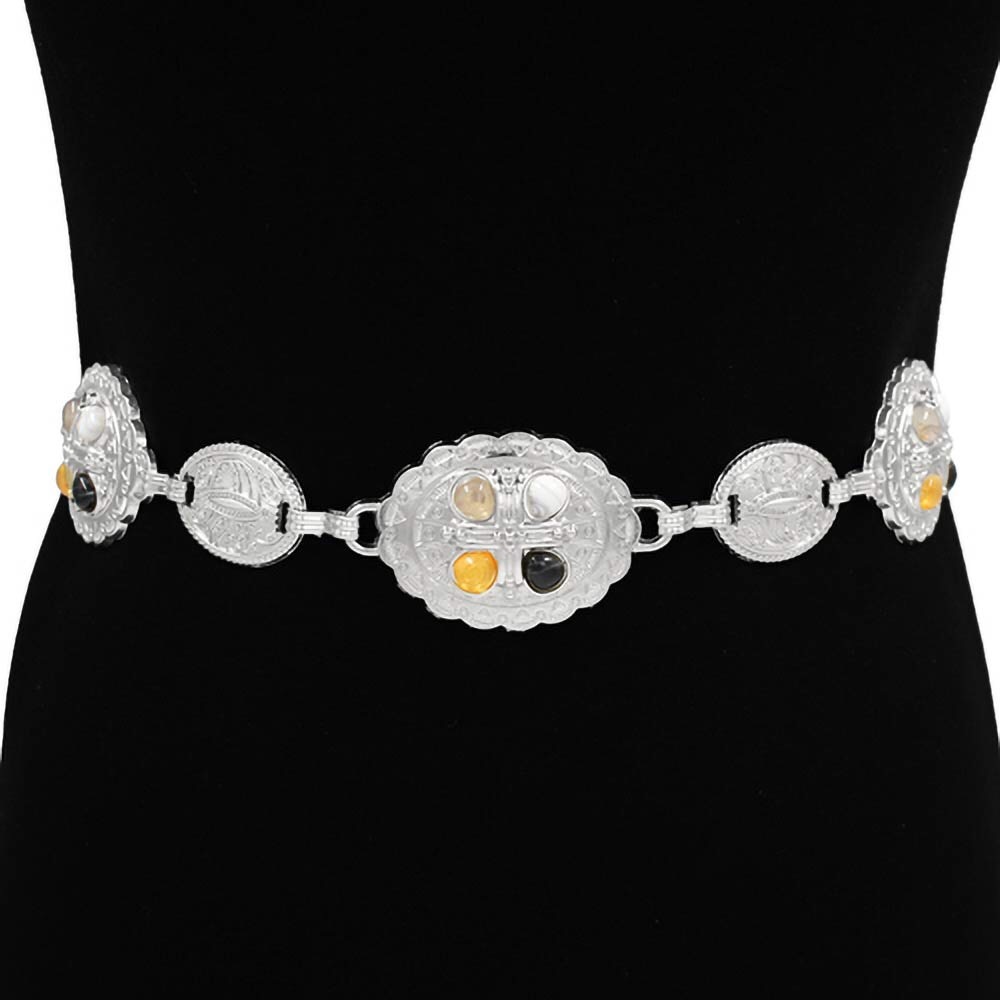 Silver Concho Statement Chain Belt with Multicolor Stone Accents